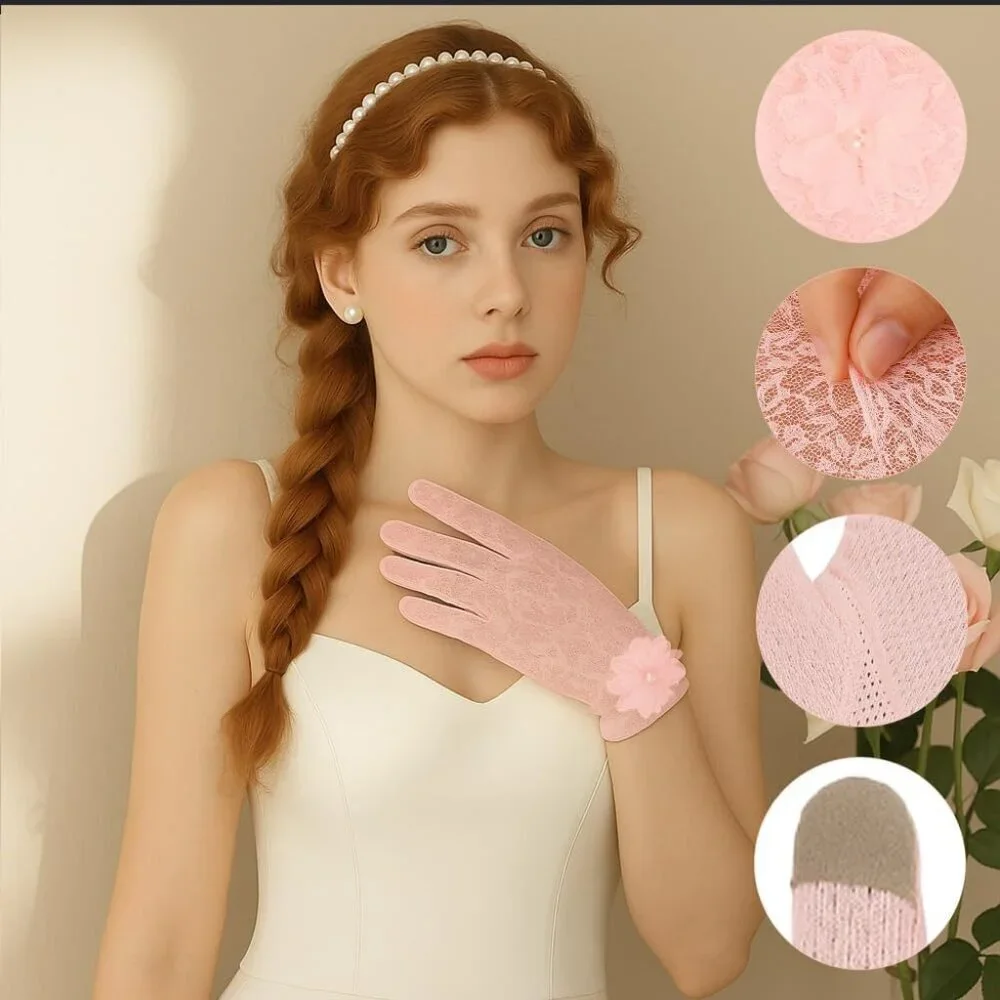 Women's Embroidery Light Pink Short Lace Wrist Gloves Design Party Accessories